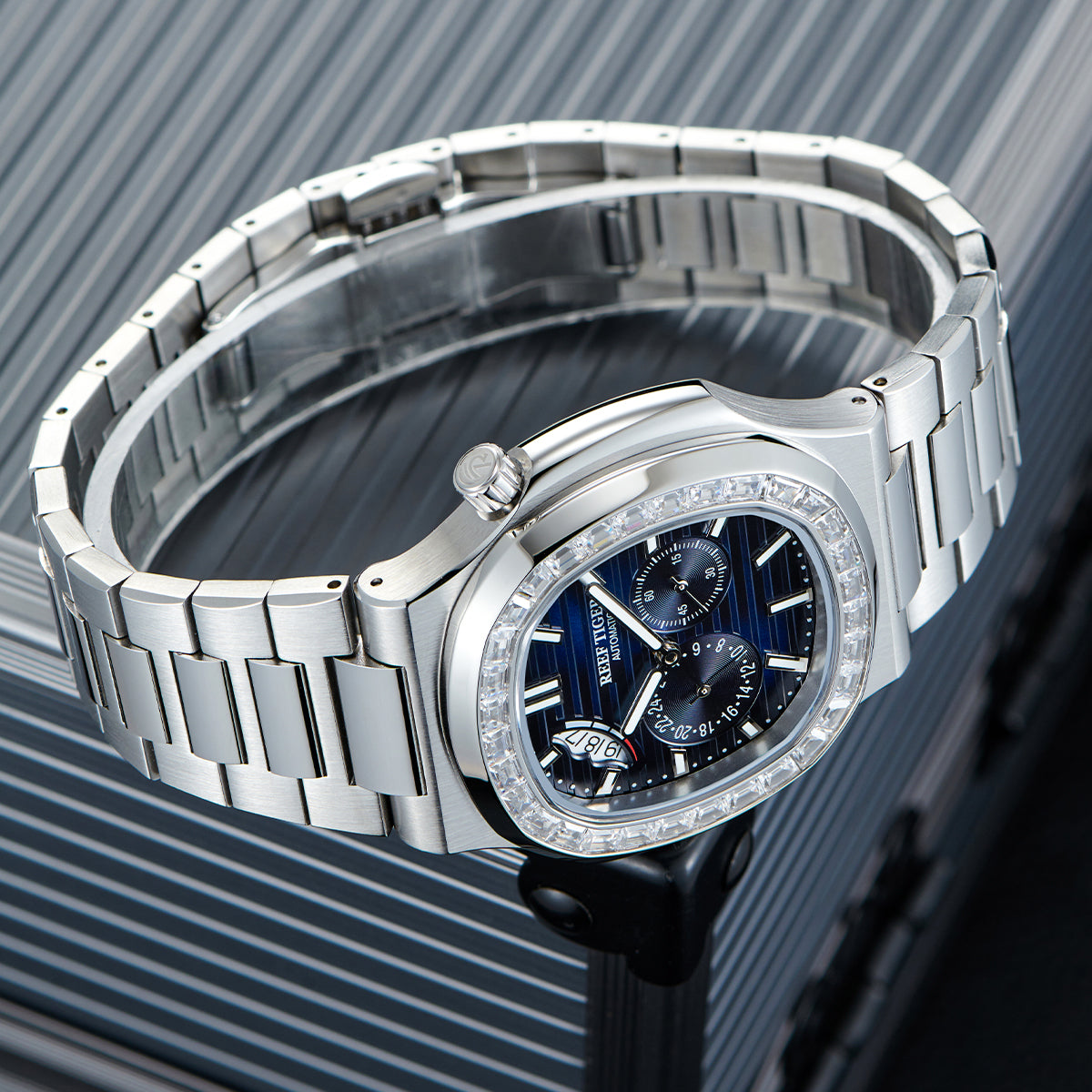 REEF TIGER | Luxury Men's 44mm Square Crystal Bezel Automatic Watch