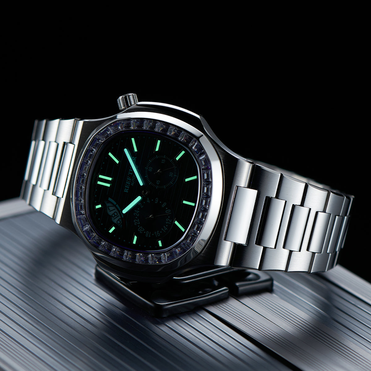 REEF TIGER | Luxury Men's 44mm Square Crystal Bezel Automatic Watch