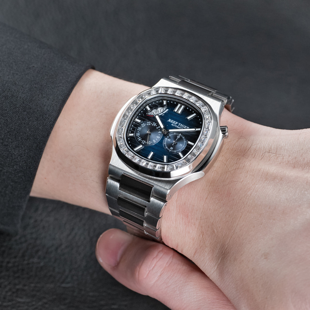 REEF TIGER | Luxury Men's 44mm Square Crystal Bezel Automatic Watch
