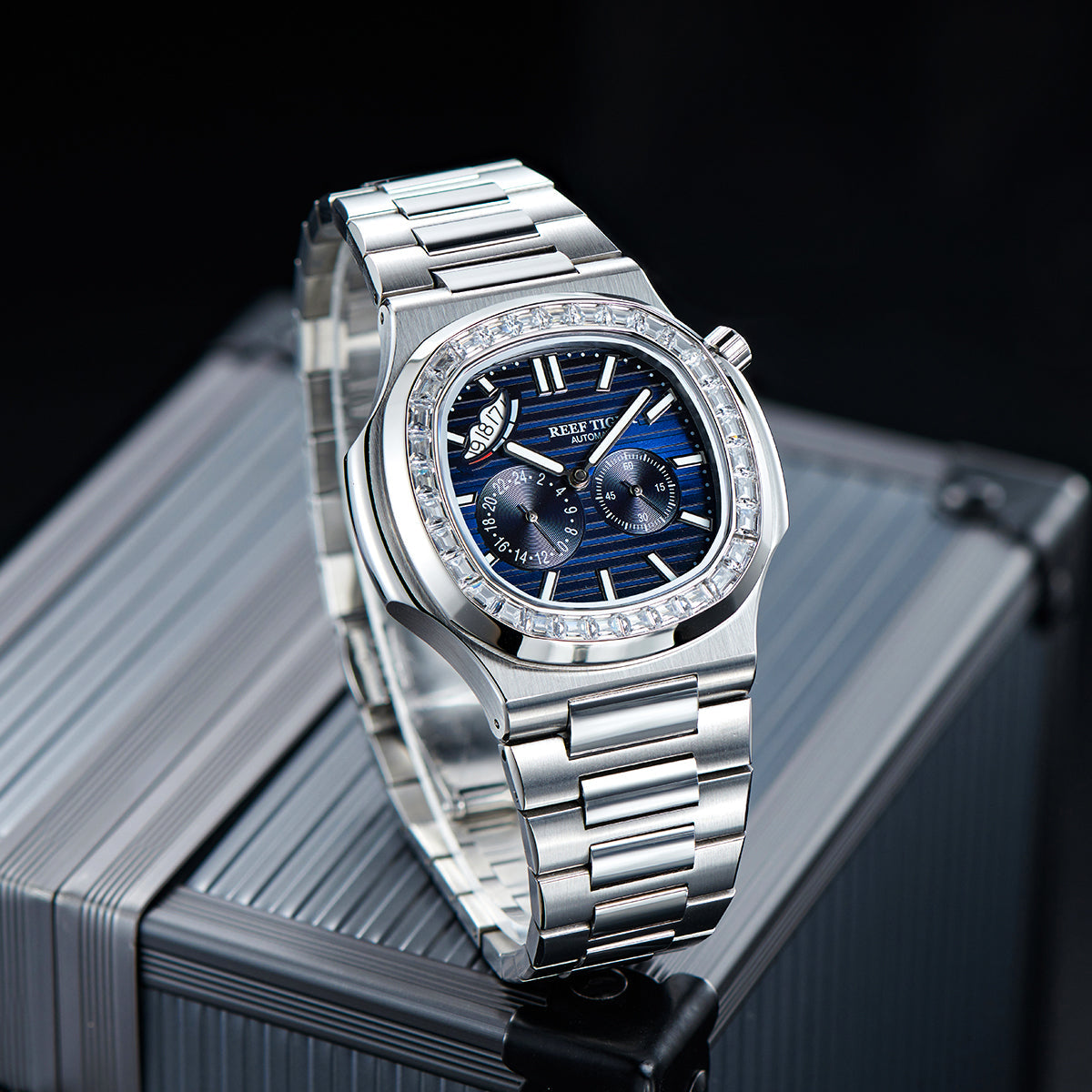 REEF TIGER | Luxury Men's 44mm Square Crystal Bezel Automatic Watch
